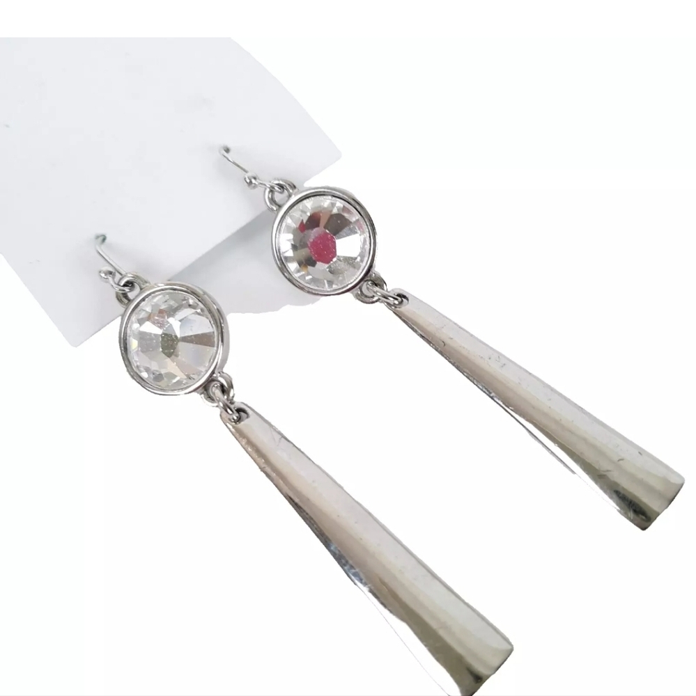 Trina Turk Long Dangle Earrings Clear Rhinestone Polished Silver Tone Signed